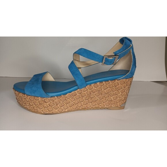 Jimmy Choo Wedge Sandals Blue Suede Cork Espadrilles Made in Spain Size 38 - Picture 11 of 16